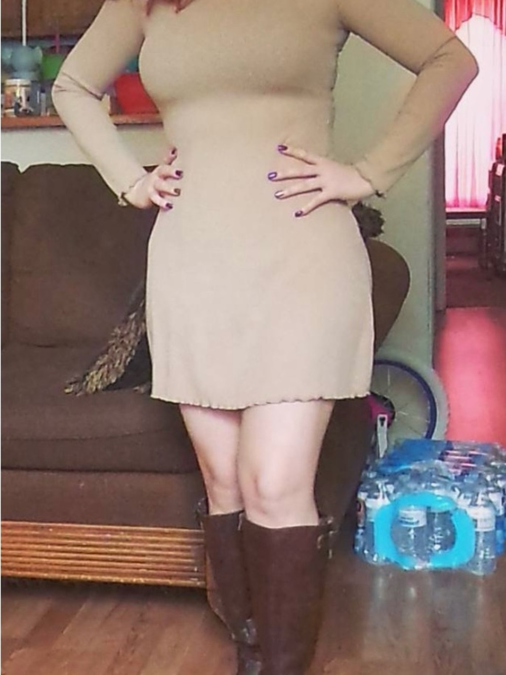 H&M Beige Ribbed Knit Ruffle Round Neck Bodycon Mini Dress Long Sleeve 6 / S
